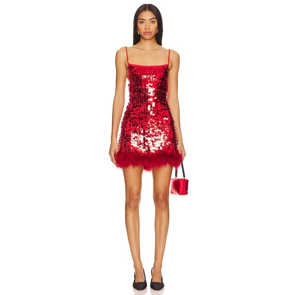 NWT OW Collection Luna Sequin Feather Dress Medium Bordeaux Red Mini Cocktail